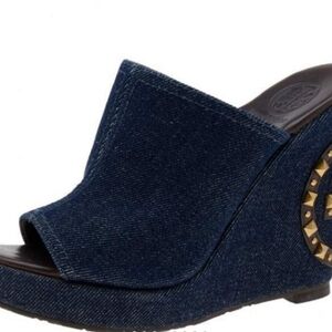 Tory Burch Meredith Denium, Vegan Leather Wedge  Women's Size 10 pre owned